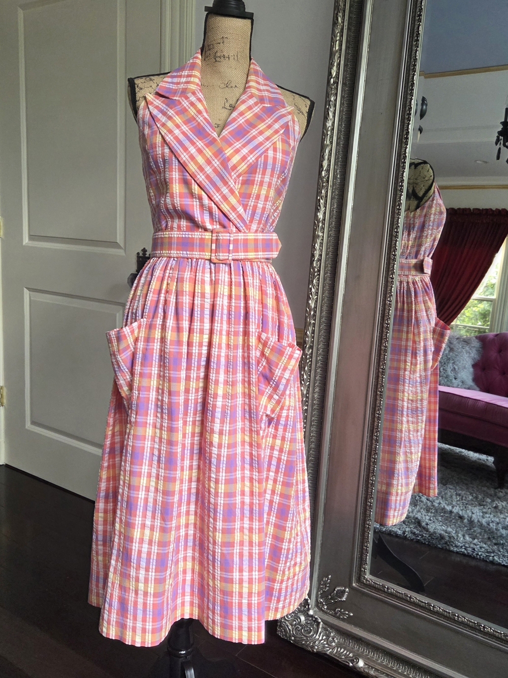 Pink Plaid Halter Midi Dress with Belted Waist & Pockets 8